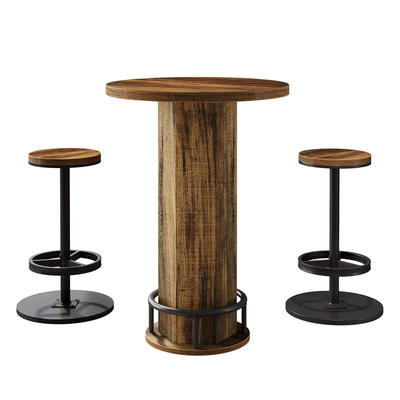 Runder Bartisch mit 2 Barhockern, Industrielles Bistro-Set für Küche und kleine Räume