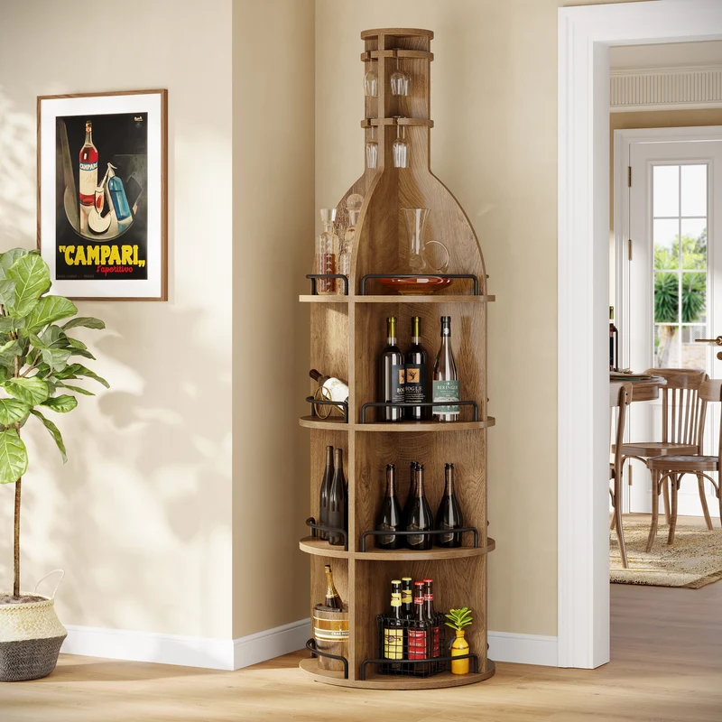 190 cm Hohes Weinregal mit Ablagen, Rundes Industrie-Weinregal mit Gläserhalter, Freistehender Barschrank