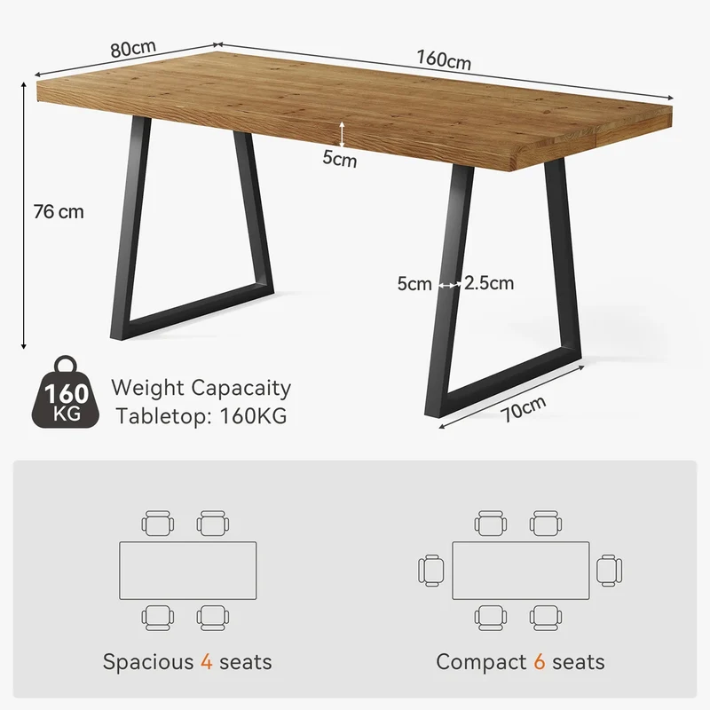 Industrieller Esstisch für 4–6 Personen, 160 cm rechteckiger Massivholz-Küchentisch mit Metallbeinen