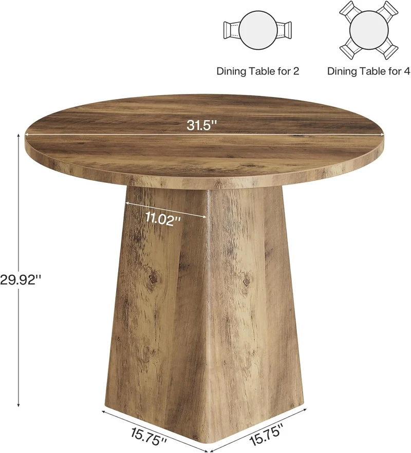 80 cm Runder Landhaus-Küchentisch mit quadratischer Basis - Rustikaler Esstisch für 2-4 Personen in Braun