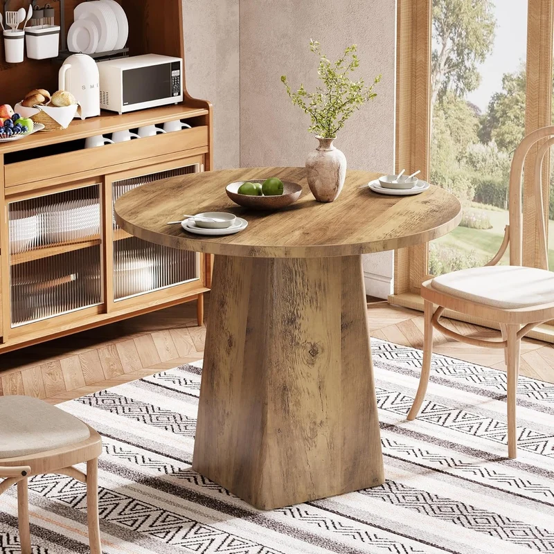 80 cm Runder Landhaus-Küchentisch mit quadratischer Basis - Rustikaler Esstisch für 2-4 Personen in Braun