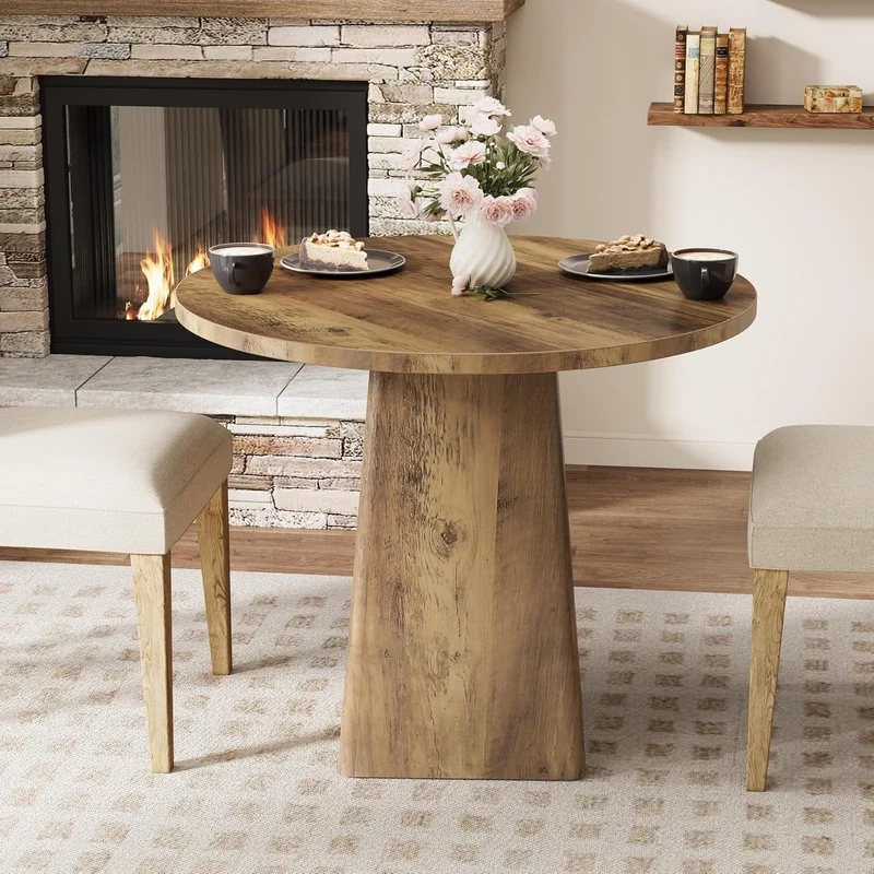 80 cm Runder Landhaus-Küchentisch mit quadratischer Basis - Rustikaler Esstisch für 2-4 Personen in Braun