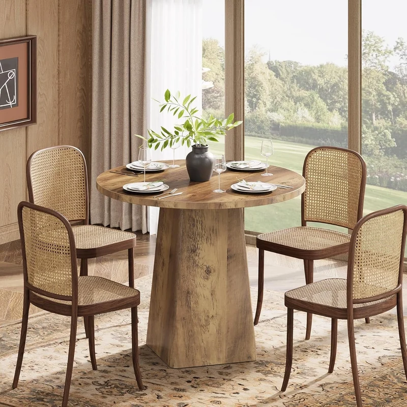 80 cm Runder Landhaus-Küchentisch mit quadratischer Basis - Rustikaler Esstisch für 2-4 Personen in Braun