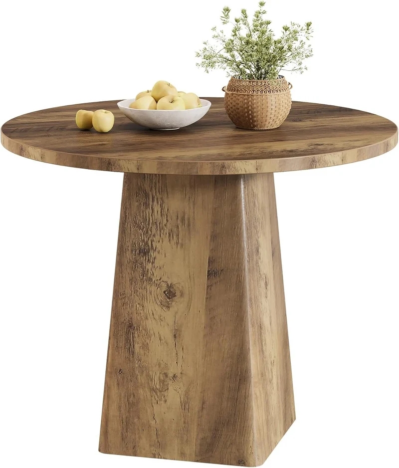 80 cm Runder Landhaus-Küchentisch mit quadratischer Basis - Rustikaler Esstisch für 2-4 Personen in Braun