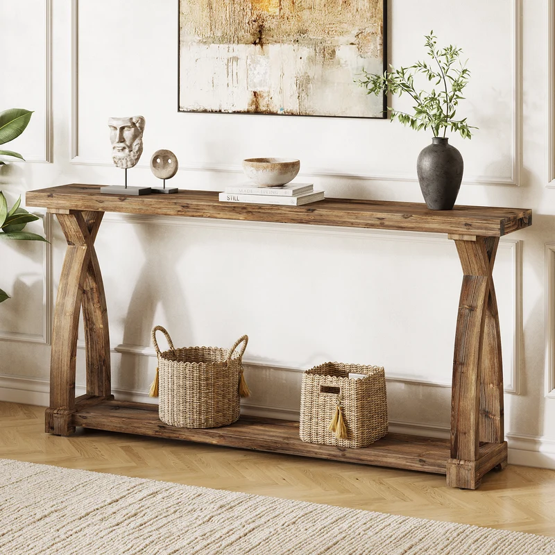 160 cm schmaler Konsolentisch aus Massivholz, Landhaus-Sofatisch mit 2 Ebenen Stauraum