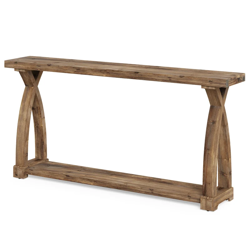 160 cm schmaler Konsolentisch aus Massivholz, Landhaus-Sofatisch mit 2 Ebenen Stauraum