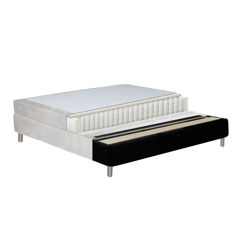 Premium Boxspringbett in Beige 180x200 cm mit 7 cm Memoryschaum-Topper, inkl. Bettbeine in Chrom