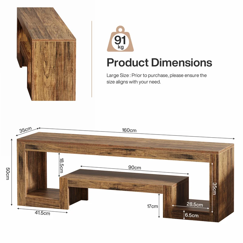 TV-Lowboard 160 cm, Bauernhaus Fernsehkonsole mit offenen Ablagen für 55–65 Zoll Fernseher