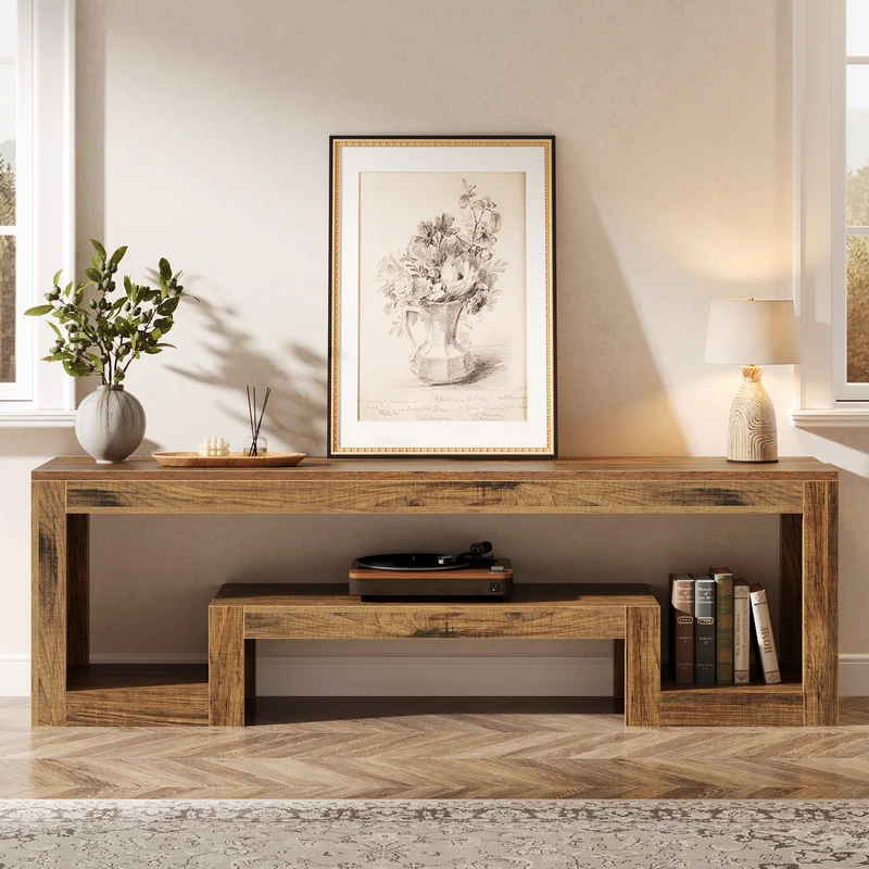 TV-Lowboard 160 cm, Bauernhaus Fernsehkonsole mit offenen Ablagen für 55–65 Zoll Fernseher