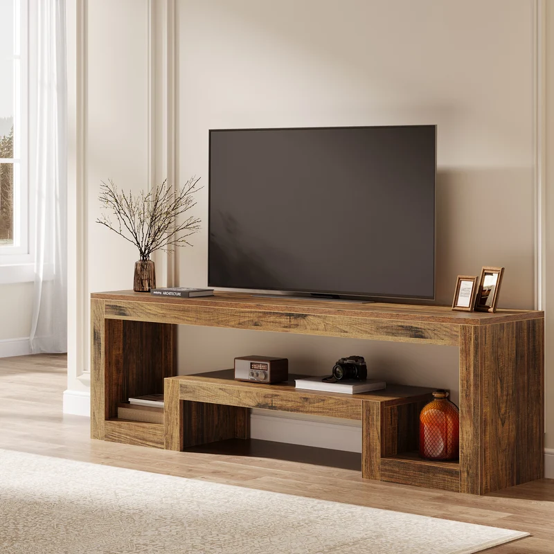 TV-Lowboard 160 cm, Bauernhaus Fernsehkonsole mit offenen Ablagen für 55–65 Zoll Fernseher