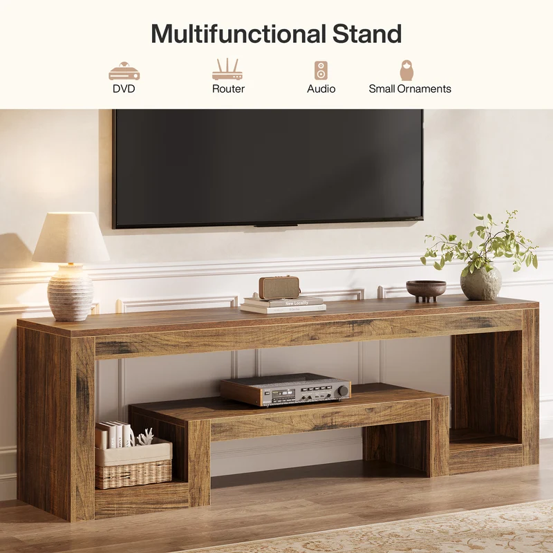 TV-Lowboard 160 cm, Bauernhaus Fernsehkonsole mit offenen Ablagen für 55–65 Zoll Fernseher
