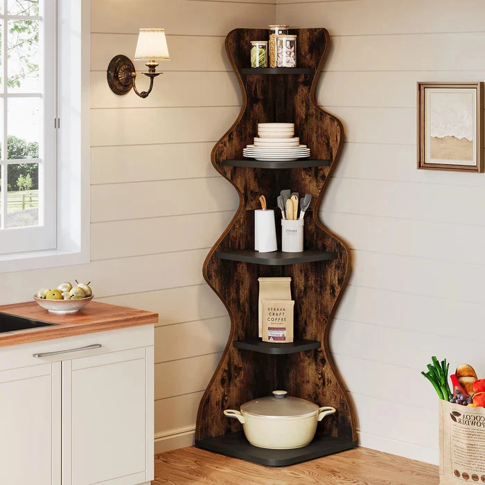 5-stufiges Eckregal aus Holz, 175 cm Hohes Standregal für Wohnzimmer, Schlafzimmer und Küche