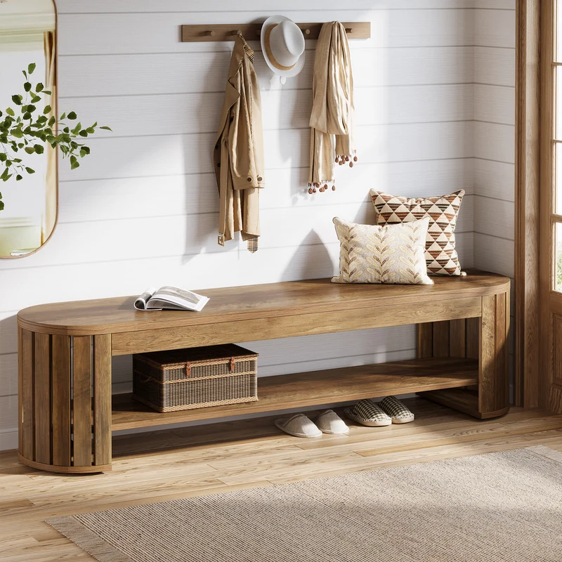 Schuhbank aus Holz mit Stauraum, 160 cm Lange 2-stufige Sitzbank für Flur, Schlafzimmer und Wohnzimmer