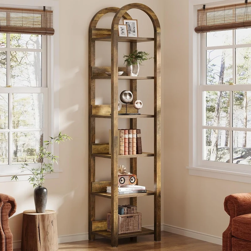 180 cm Hohes Holz-Bücherregal, Schlankes Gewölbtes Regal mit 6 Fächern für kleine Räume