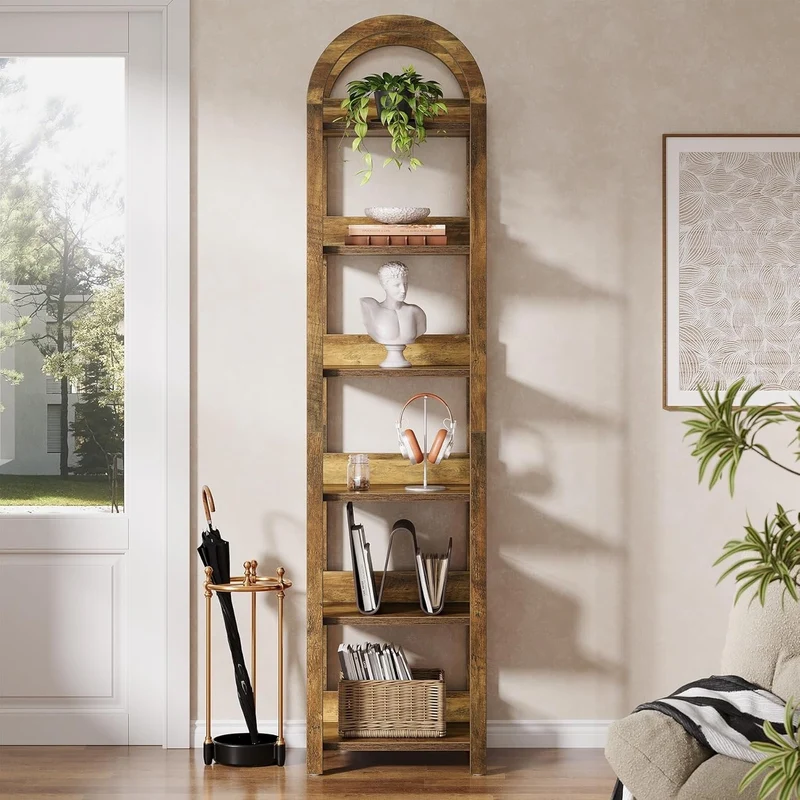180 cm Hohes Holz-Bücherregal, Schlankes Gewölbtes Regal mit 6 Fächern für kleine Räume
