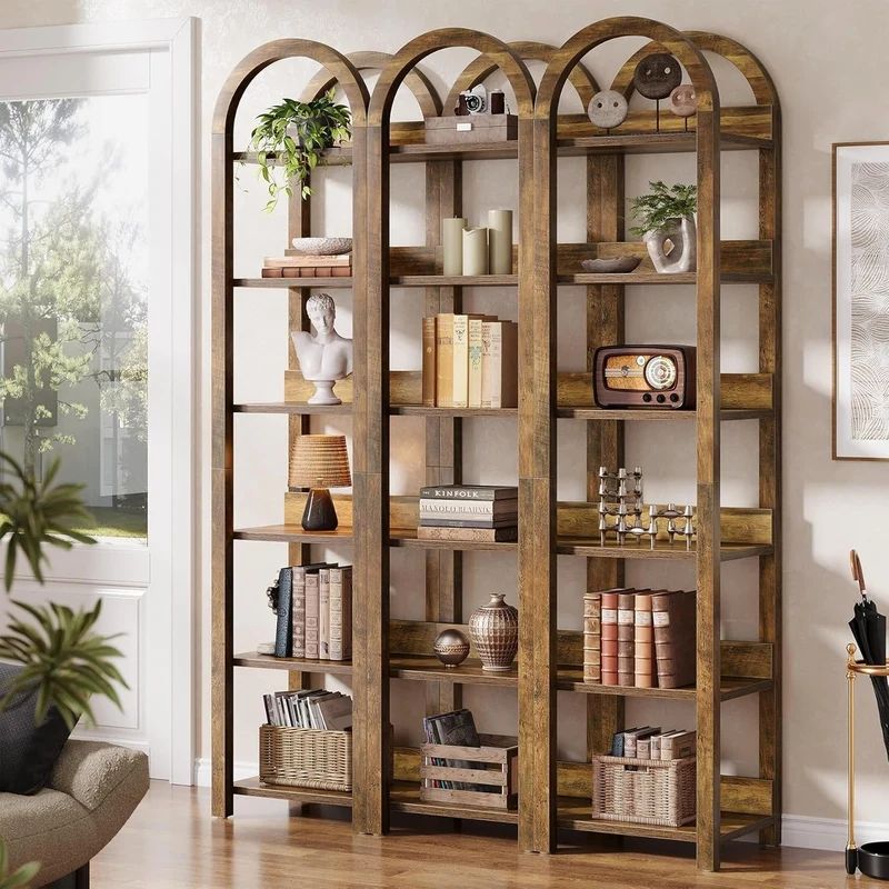180 cm Hohes Holz-Bücherregal, Schlankes Gewölbtes Regal mit 6 Fächern für kleine Räume