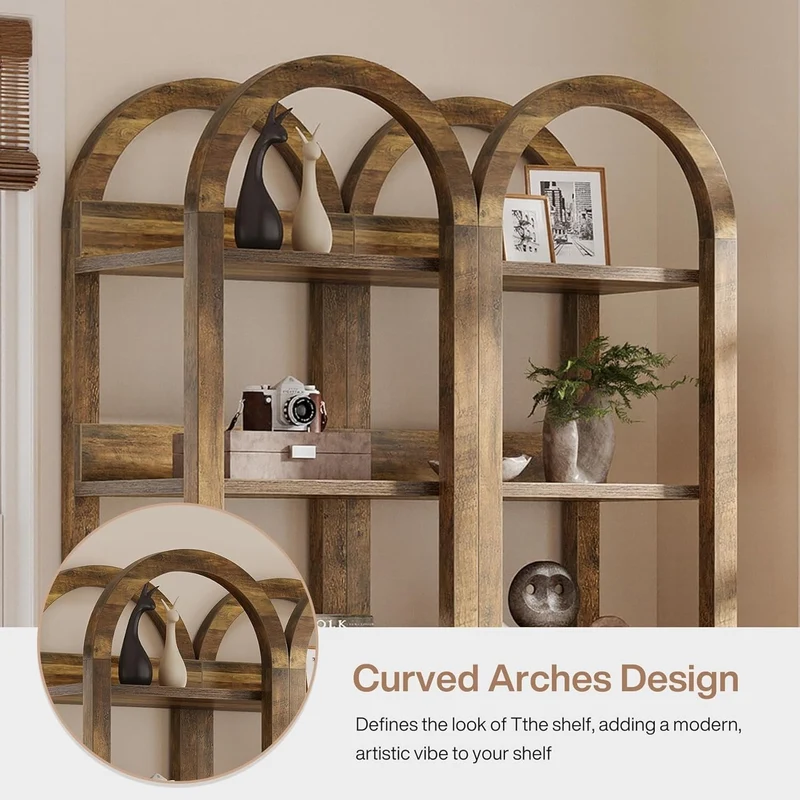 180 cm Hohes Holz-Bücherregal, Schlankes Gewölbtes Regal mit 6 Fächern für kleine Räume