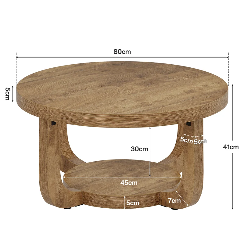 80 cm Runder 2-stöckiger Couchtisch mit Stauraum in Rustikalbraun