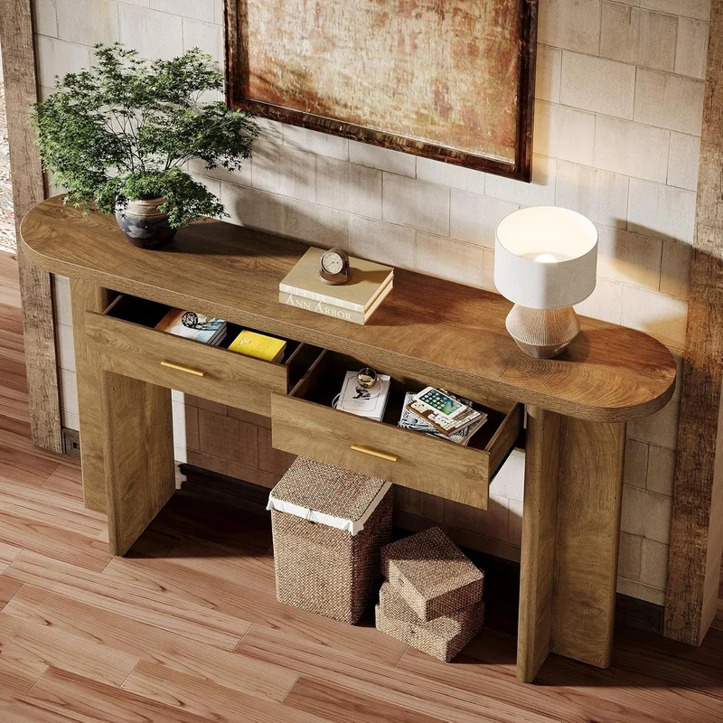 160 cm Holz-Konsolentisch im Landhausstil, Ovaler Flurtisch mit 2 Schubladen und Stauraum