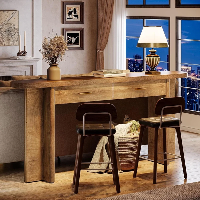160 cm Holz-Konsolentisch im Landhausstil, Ovaler Flurtisch mit 2 Schubladen und Stauraum