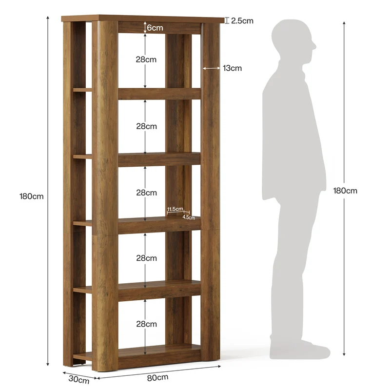 180 cm hohes Bücherregal mit 6 offenen Fächern, Standregal für Wohnzimmer, Büro und Schlafzimmer