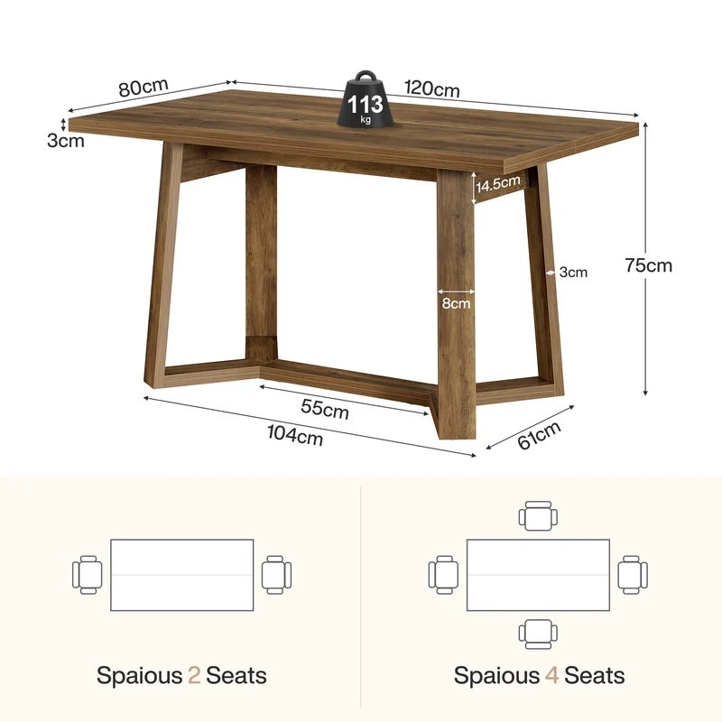 Moderner Esstisch 120 cm für 4–6 Personen, MDF mit Massivholzoptik, rechteckiger Küchentisch