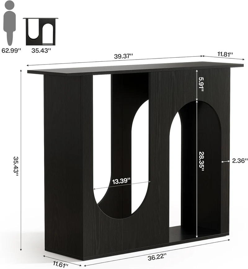 Tribesigns 100 cm schwarzer Sofatisch, Schmaler Konsolentisch hinter der Couch mit gewölbtem Design