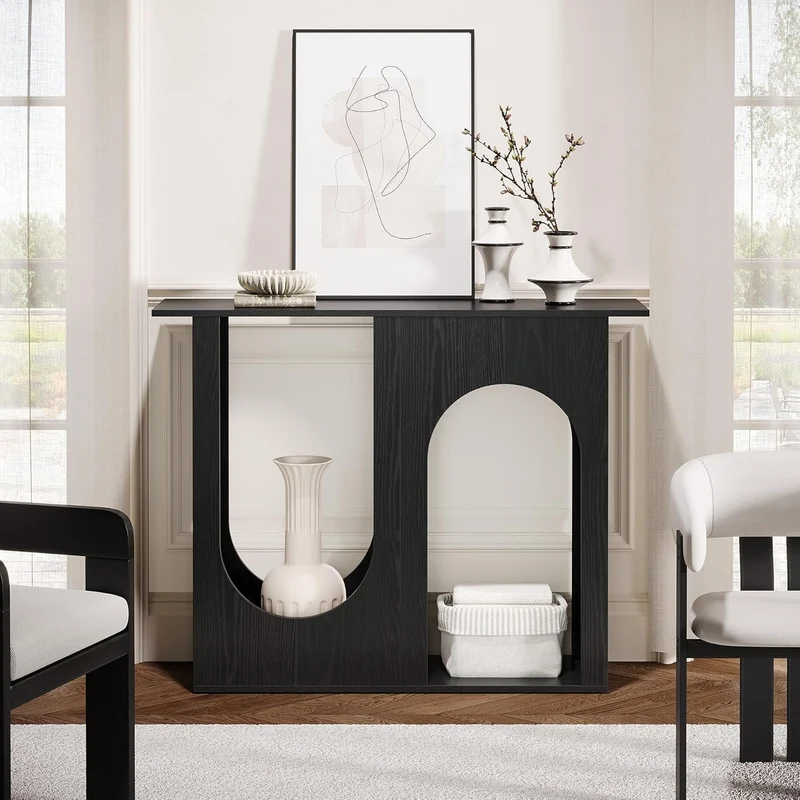 Tribesigns 100 cm schwarzer Sofatisch, Schmaler Konsolentisch hinter der Couch mit gewölbtem Design