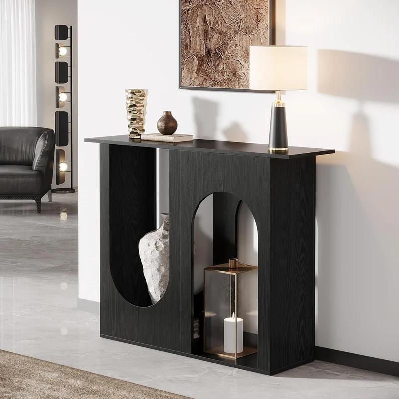Tribesigns 100 cm schwarzer Sofatisch, Schmaler Konsolentisch hinter der Couch mit gewölbtem Design