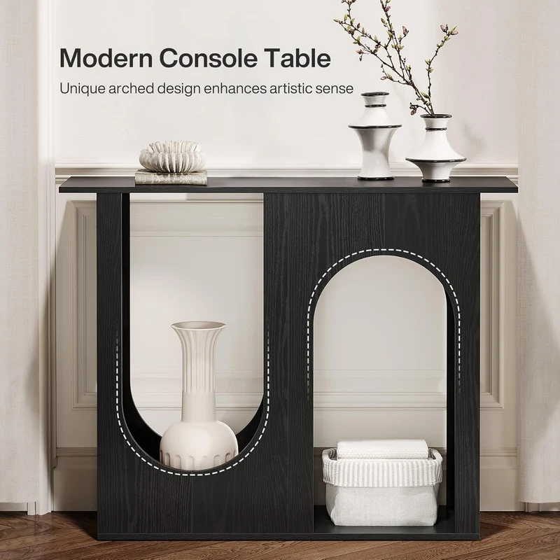 Tribesigns 100 cm schwarzer Sofatisch, Schmaler Konsolentisch hinter der Couch mit gewölbtem Design