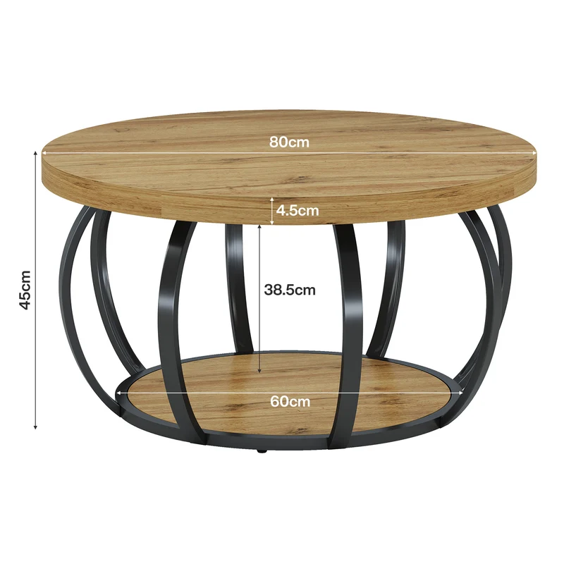 Tribesigns Runde Couchtisch 80 cm, Industrial 2-Tier-Kreis Couchtisch mit Lagerung Regale