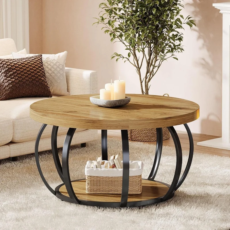 Tribesigns Runde Couchtisch 80 cm, Industrial 2-Tier-Kreis Couchtisch mit Lagerung Regale