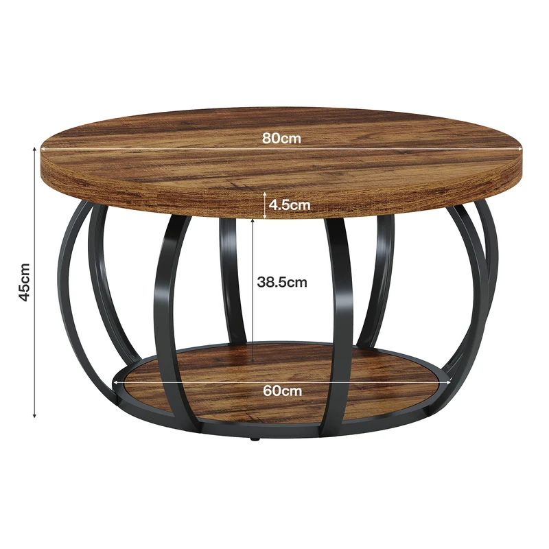 Tribesigns Runde Couchtisch 80 cm, Industrial 2-Tier-Kreis Couchtisch mit Lagerung Regale