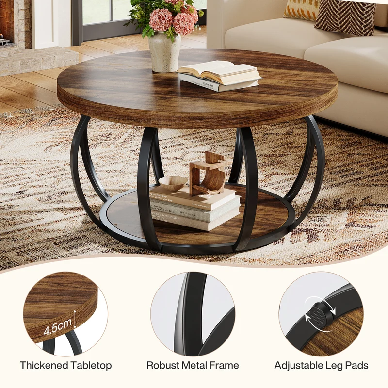Tribesigns Runde Couchtisch 80 cm, Industrial 2-Tier-Kreis Couchtisch mit Lagerung Regale