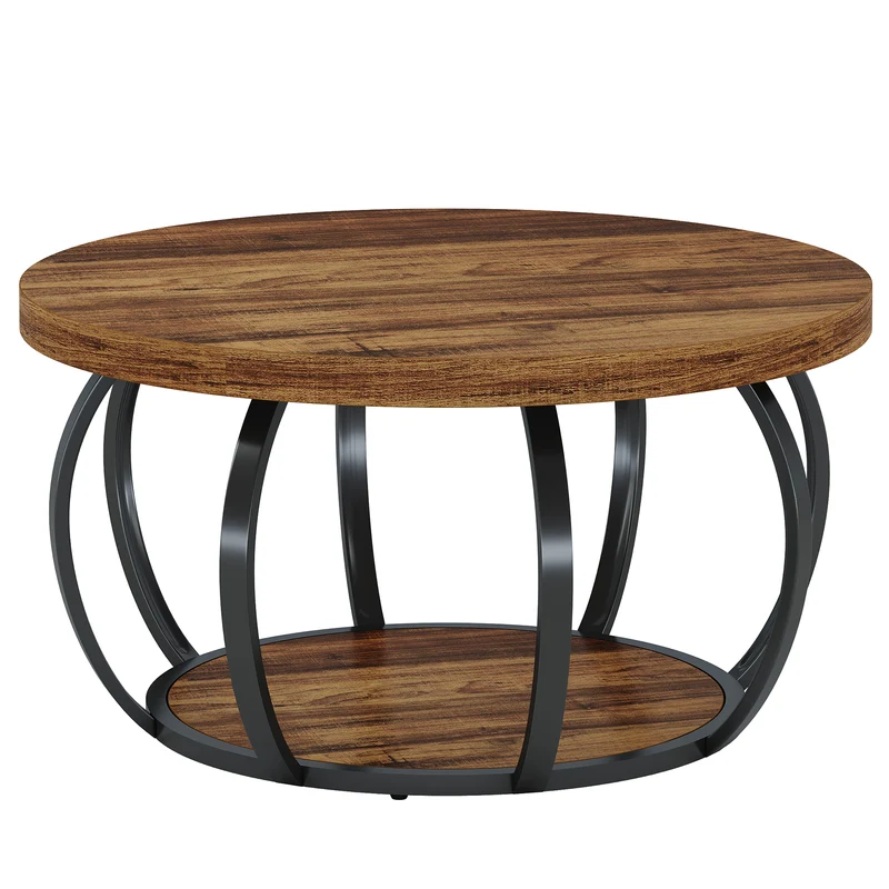 Tribesigns Runde Couchtisch 80 cm, Industrial 2-Tier-Kreis Couchtisch mit Lagerung Regale