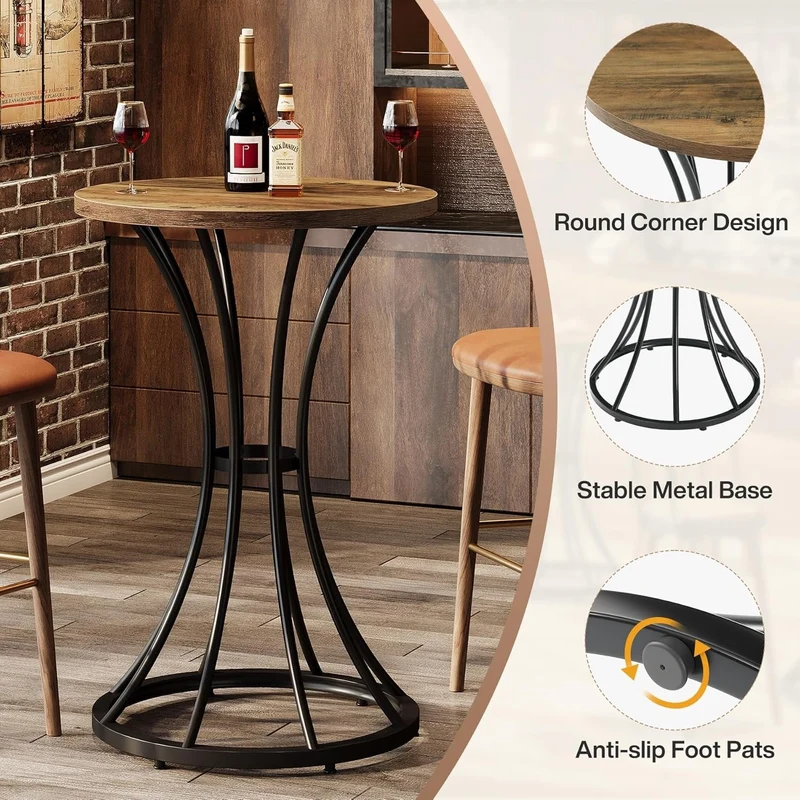 Runder Stehtisch 60 cm, Barhöhentisch mit gebogenem Metallfuß, hoher Cocktail-Pub-Ständer für kleine Räume
