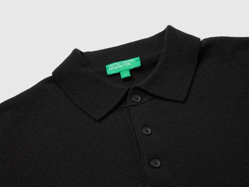 Schwarzes Poloshirt aus reiner Merinowolle