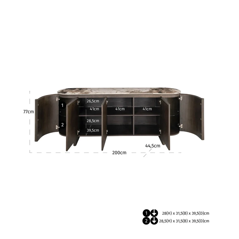 Sideboard Langford in Braun – Eichenfurnier & Keramikplatte, 200 cm