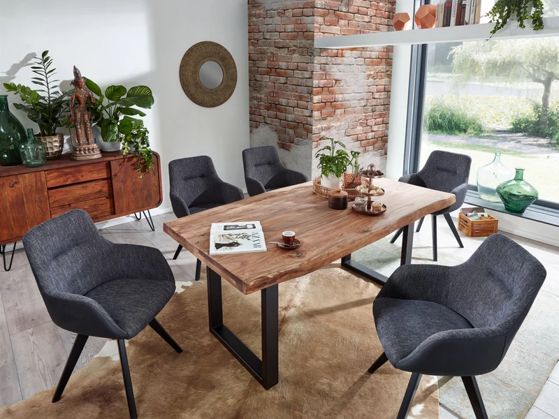 Esstisch Tisch + Massivholz Akazie +ECHTE Baumkante U-Gestell