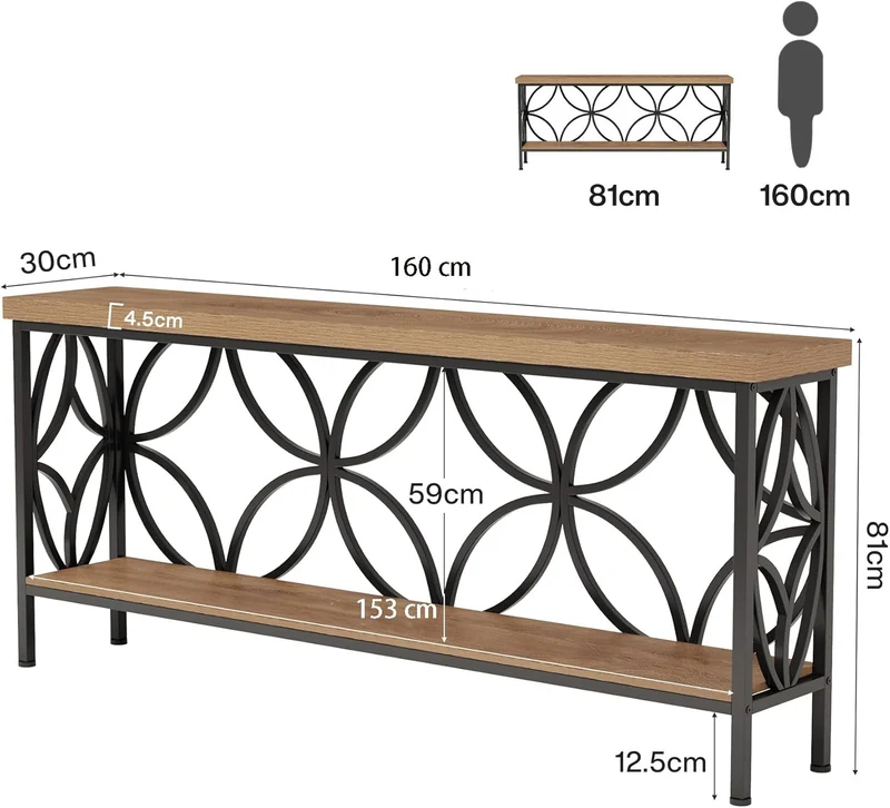 2-stufiger Konsolentisch, 160 cm Industrieller Sofatisch hinter der Couch