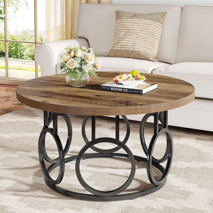 Runder Couchtisch 80 cm, Wohnzimmertisch aus Holz mit Metallfuß
