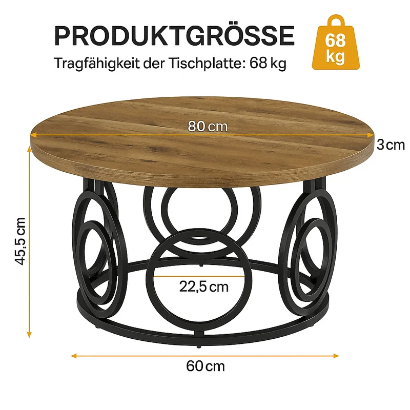 Runder Couchtisch 80 cm, Wohnzimmertisch aus Holz mit Metallfuß