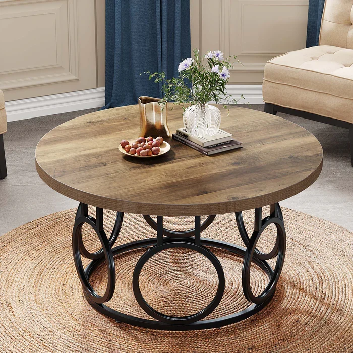 Runder Couchtisch 80 cm, Wohnzimmertisch aus Holz mit Metallfuß