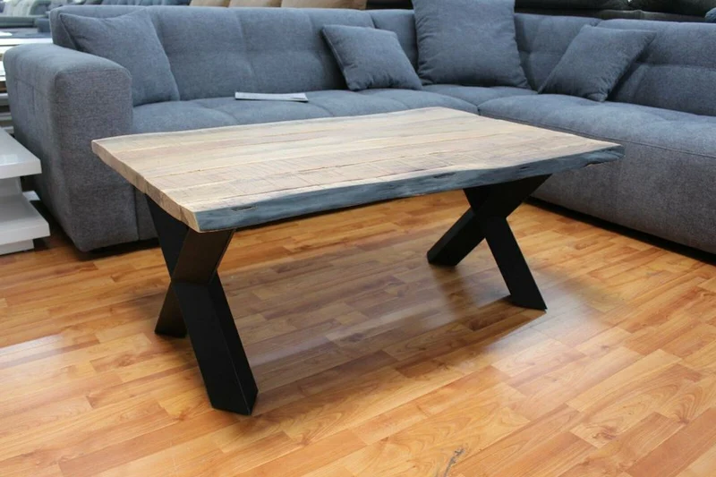 Couchtisch + Massivholz + Baumkante + Metall Gestell