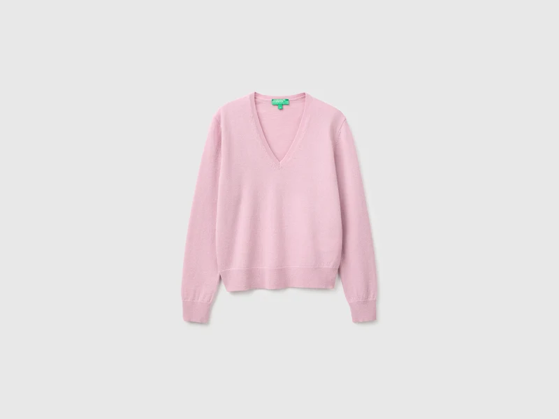 Fliederfarbener V-Ausschnitt-Pullover aus reiner Merinowolle
