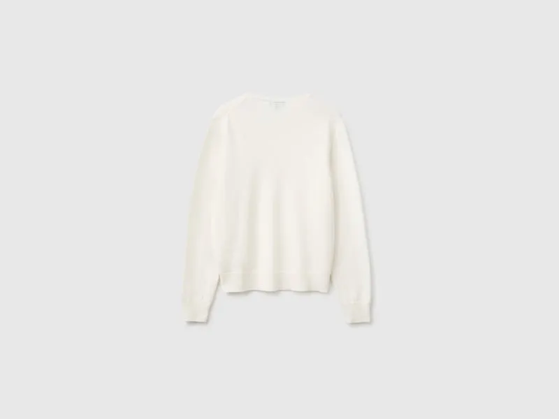 Cremefarbener V-Ausschnitt-Pullover aus reiner Merinowolle