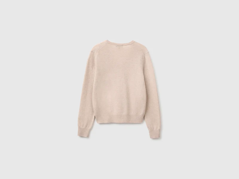 Beigefarbener V-Ausschnitt-Pullover aus reiner Merinowolle