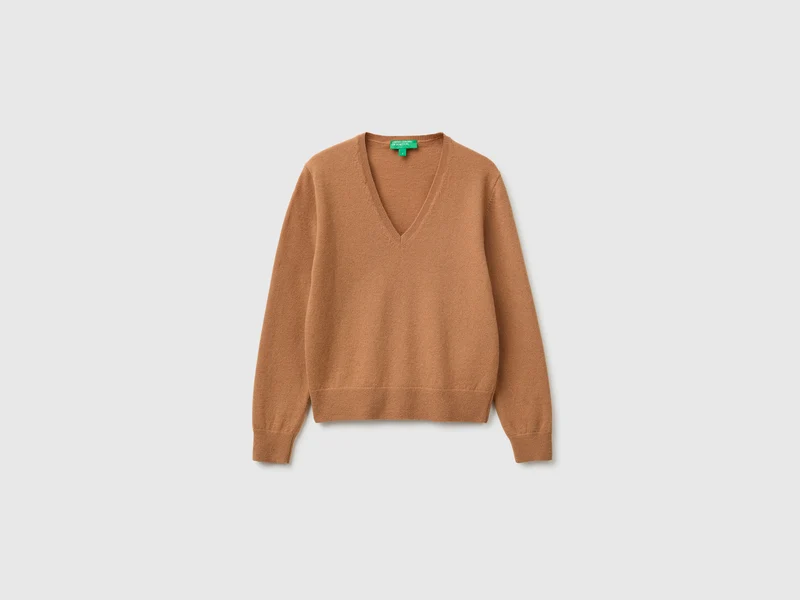 Kamelfarbener V-Ausschnitt-Pullover aus reiner Merinowolle