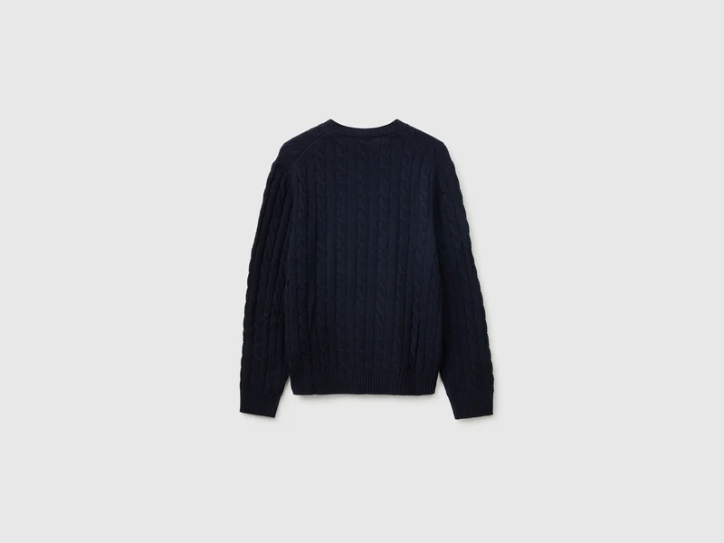 Rundhals-Pullover mit Zopfmuster aus Wolle-Mischgewebe