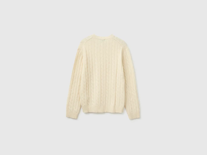 Rundhals-Pullover mit Zopfmuster aus Wolle-Mischgewebe